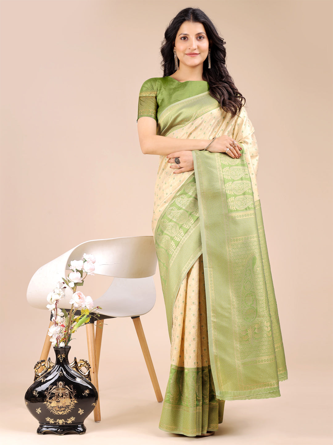 Astita Cream & Light Green Banarasi silk Woven Zari Work Traditional Tassel Saree | Swadesiicart