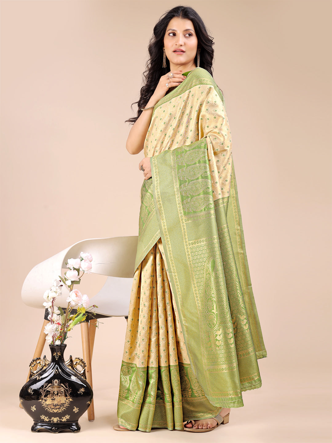 Astita Cream & Light Green Banarasi silk Woven Zari Work Traditional Tassel Saree | Swadesiicart