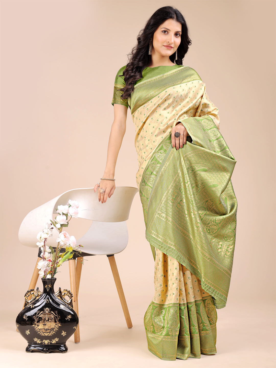 Astita Cream & Light Green Banarasi silk Woven Zari Work Traditional Tassel Saree | Swadesiicart