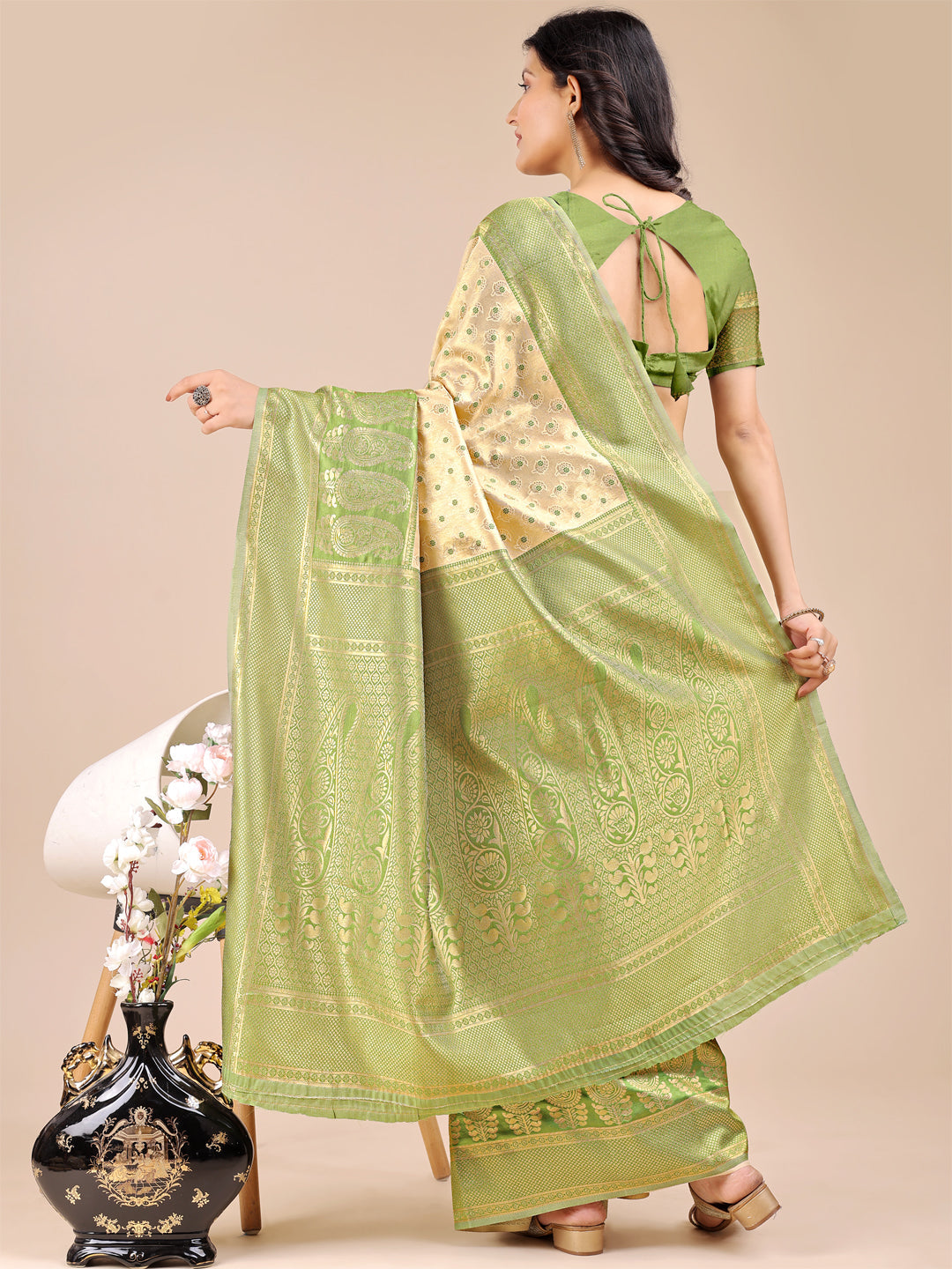 Astita Cream & Light Green Banarasi silk Woven Zari Work Traditional Tassel Saree | Swadesiicart