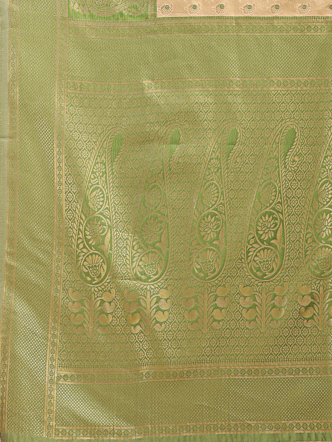 Astita Cream & Light Green Banarasi silk Woven Zari Work Traditional Tassel Saree | Swadesiicart