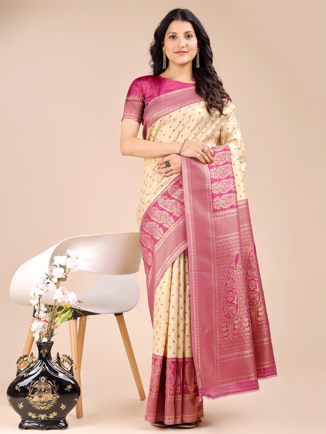 Astita Cream & Magenta Banarasi silk Woven Zari Work Traditional Tassel Saree | Swadesiicart