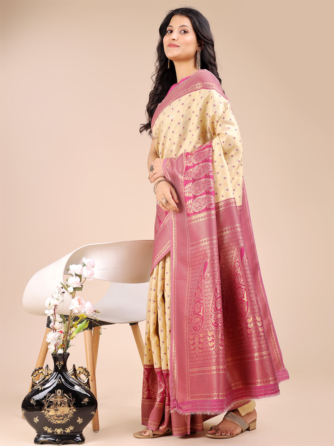 Astita Cream & Magenta Banarasi silk Woven Zari Work Traditional Tassel Saree | Swadesiicart