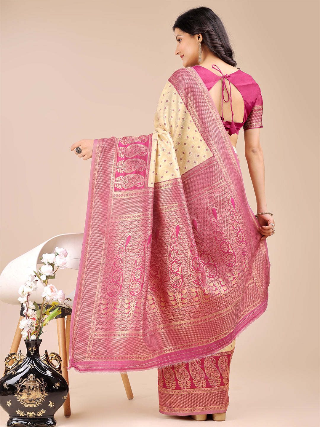 Astita Cream & Magenta Banarasi silk Woven Zari Work Traditional Tassel Saree | Swadesiicart