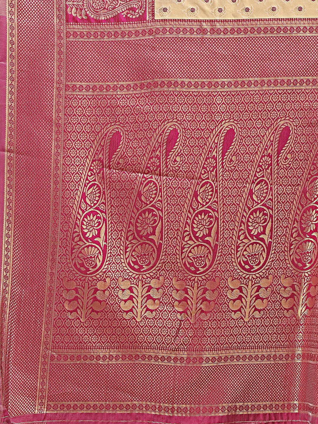 Astita Cream & Magenta Banarasi silk Woven Zari Work Traditional Tassel Saree | Swadesiicart