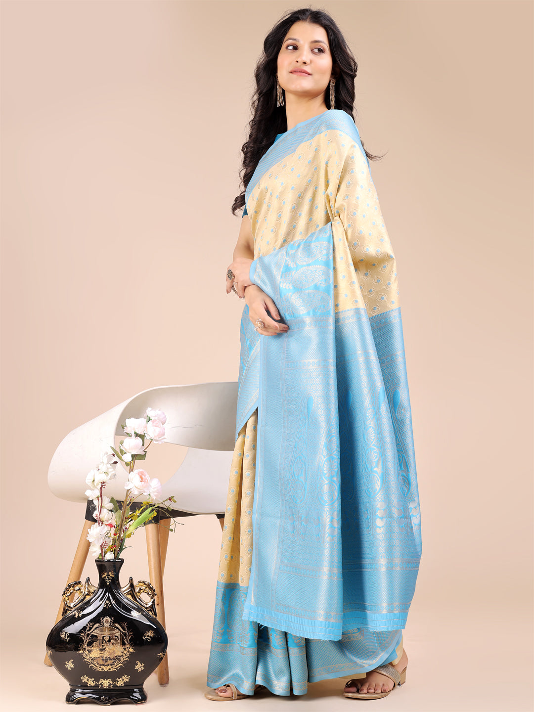 Astita Cream & Sky Blue Banarasi silk Woven Zari Work Traditional Tassel Saree | Swadesiicart
