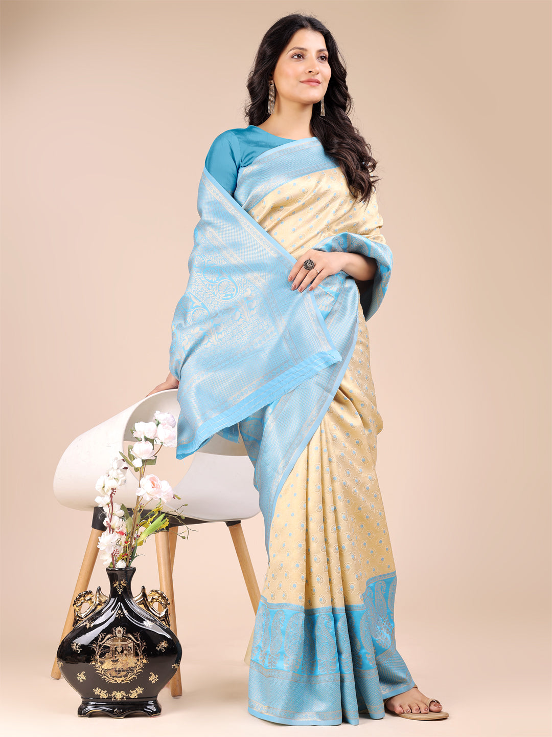 Astita Cream & Sky Blue Banarasi silk Woven Zari Work Traditional Tassel Saree | Swadesiicart
