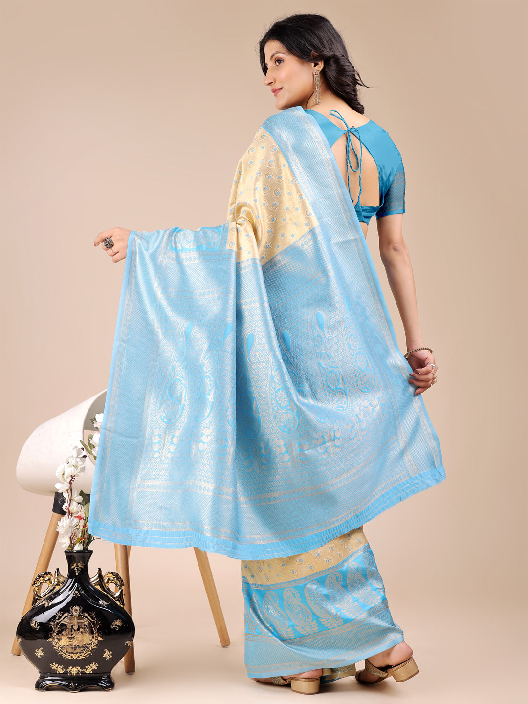 Astita Cream & Sky Blue Banarasi silk Woven Zari Work Traditional Tassel Saree | Swadesiicart
