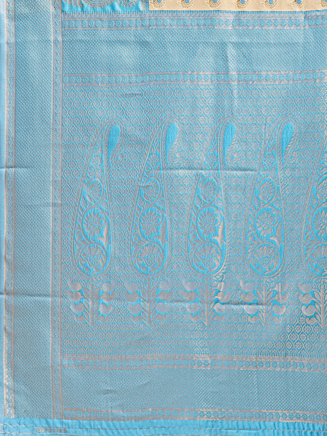 Astita Cream & Sky Blue Banarasi silk Woven Zari Work Traditional Tassel Saree | Swadesiicart