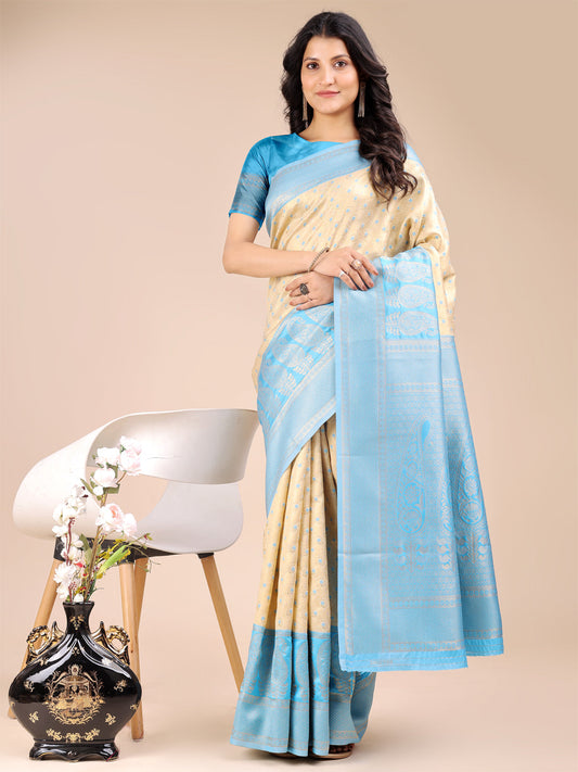 Astita Cream & Sky Blue Banarasi silk Woven Zari Work Traditional Tassel Saree | Swadesiicart