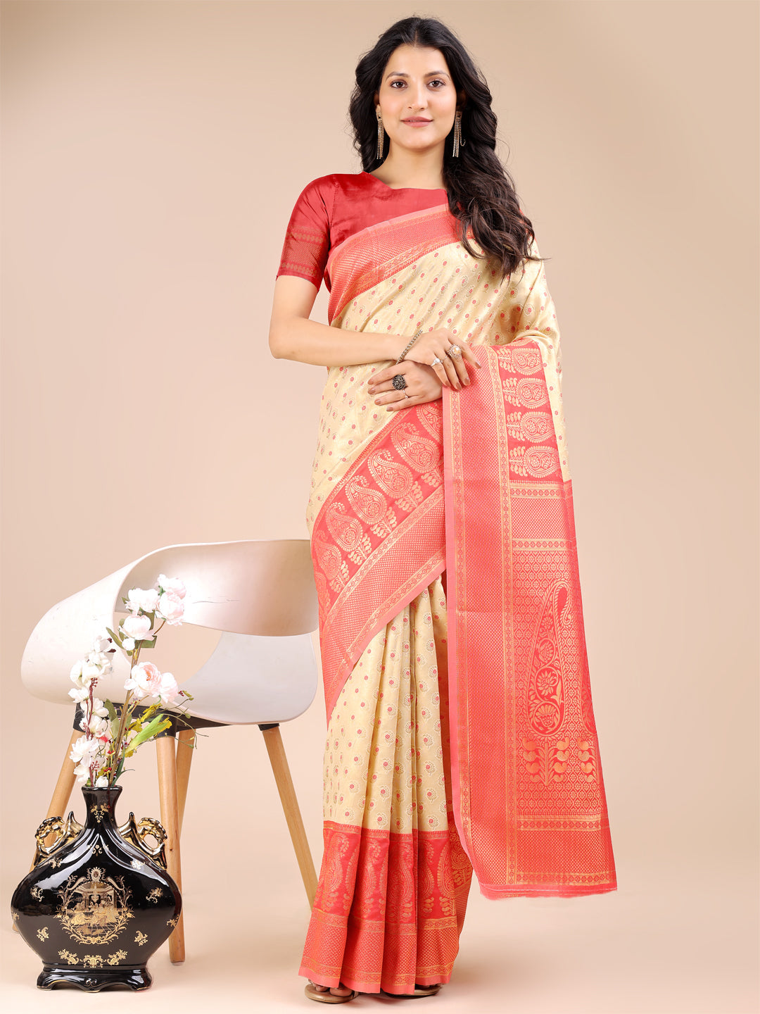 Astita Cream & Red Banarasi silk Woven Zari Work Traditional Tassel Saree | Swadesiicart