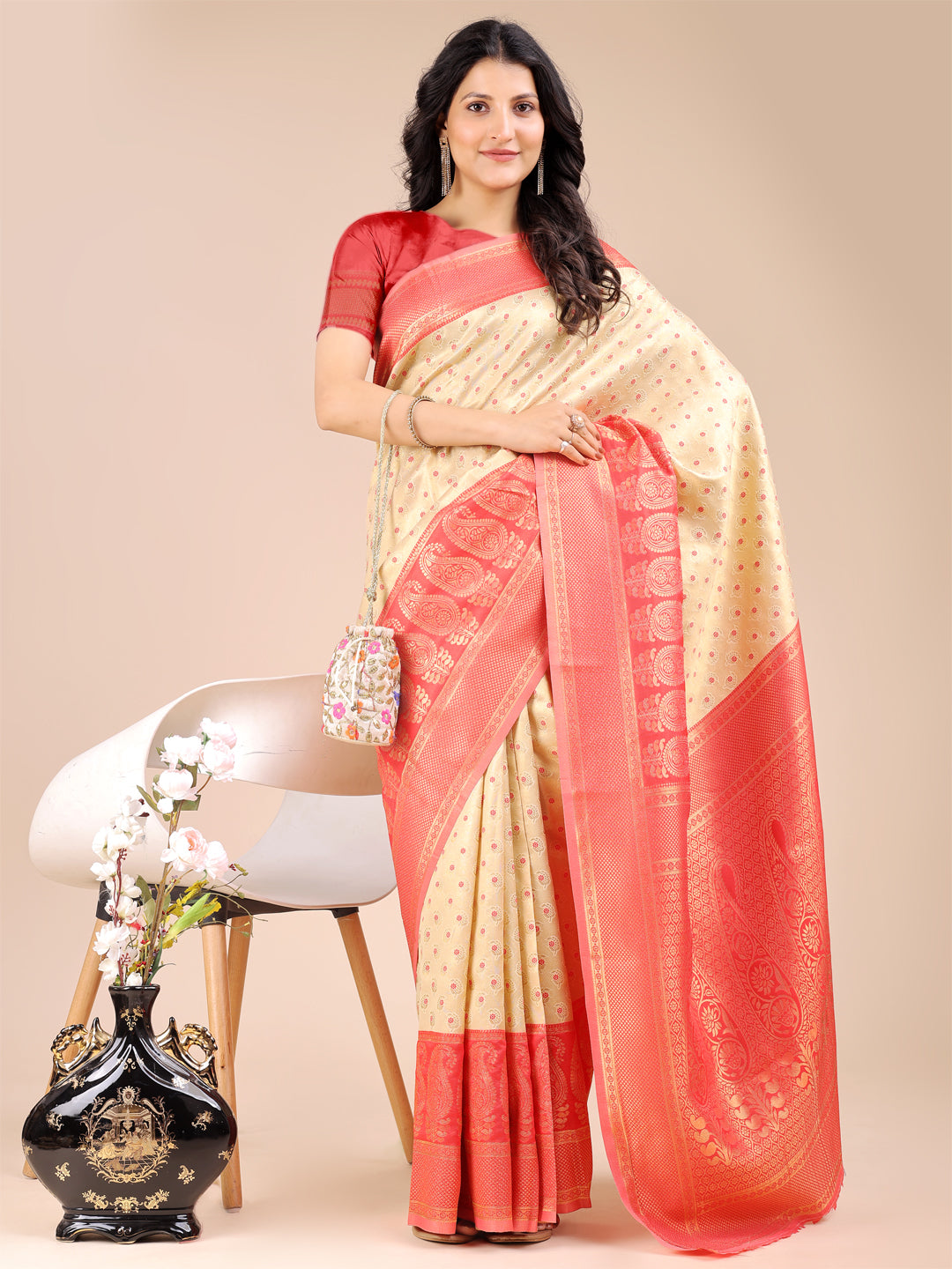Astita Cream & Red Banarasi silk Woven Zari Work Traditional Tassel Saree | Swadesiicart