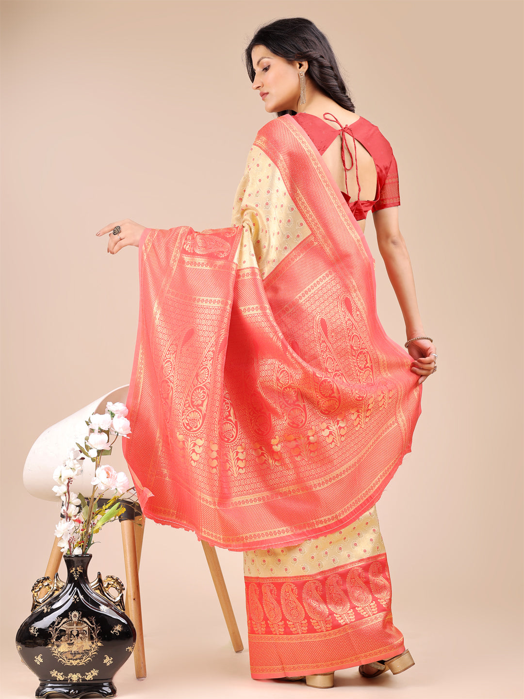 Astita Cream & Red Banarasi silk Woven Zari Work Traditional Tassel Saree | Swadesiicart