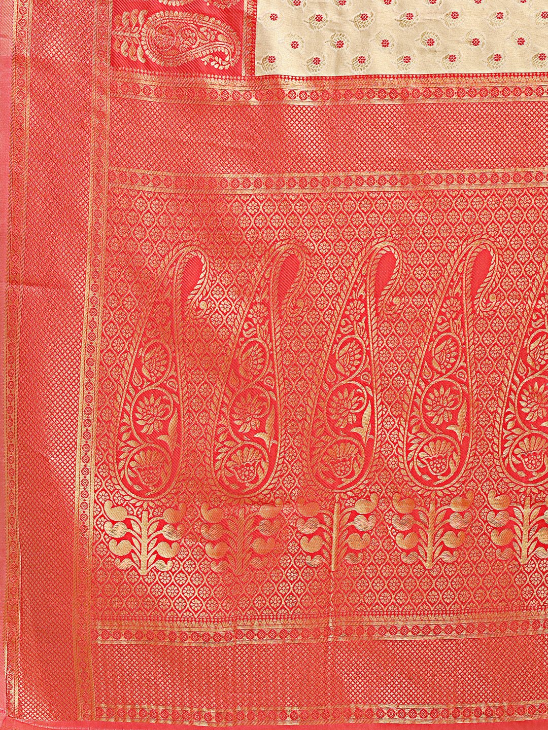 Astita Cream & Red Banarasi silk Woven Zari Work Traditional Tassel Saree | Swadesiicart
