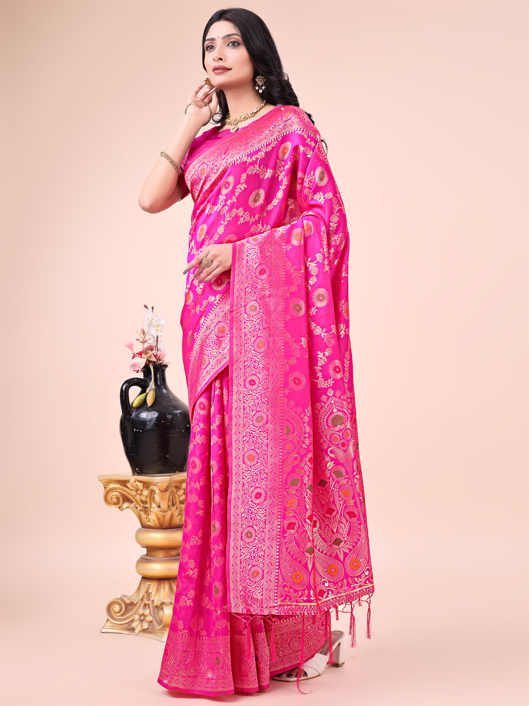 Astita Elegant Pink Banarasi Cotton Saree with Zari Leaf Motifs and Rich Pallu - Traditional Indian Saree for Festive & Wedding Wear | Swadesiicart