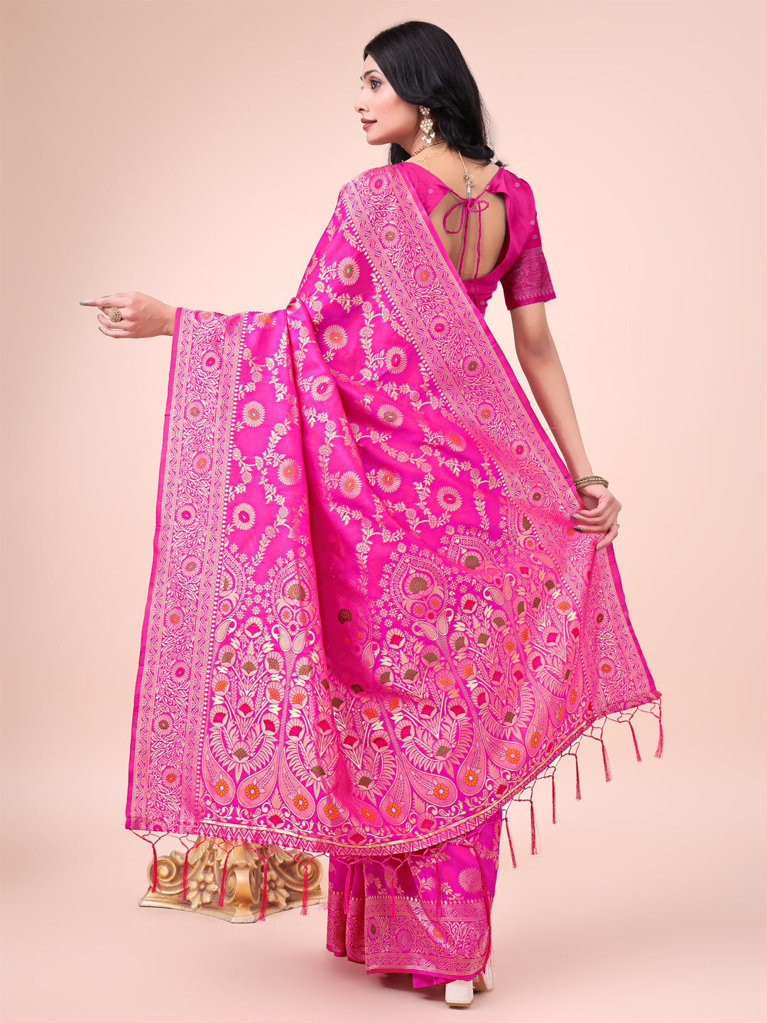 Astita Pink Banarasi Silk Saree with Floral Zari Weaving - Festive Traditional Elegance for Weddings & Celebrations | Swadesiicart