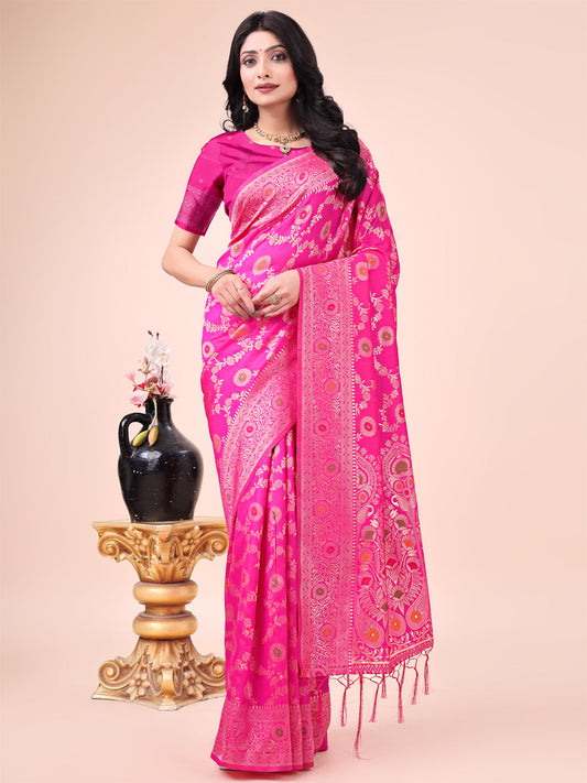 Astita Pink Banarasi Silk Saree with Floral Zari Weaving - Festive Traditional Elegance for Weddings & Celebrations | Swadesiicart