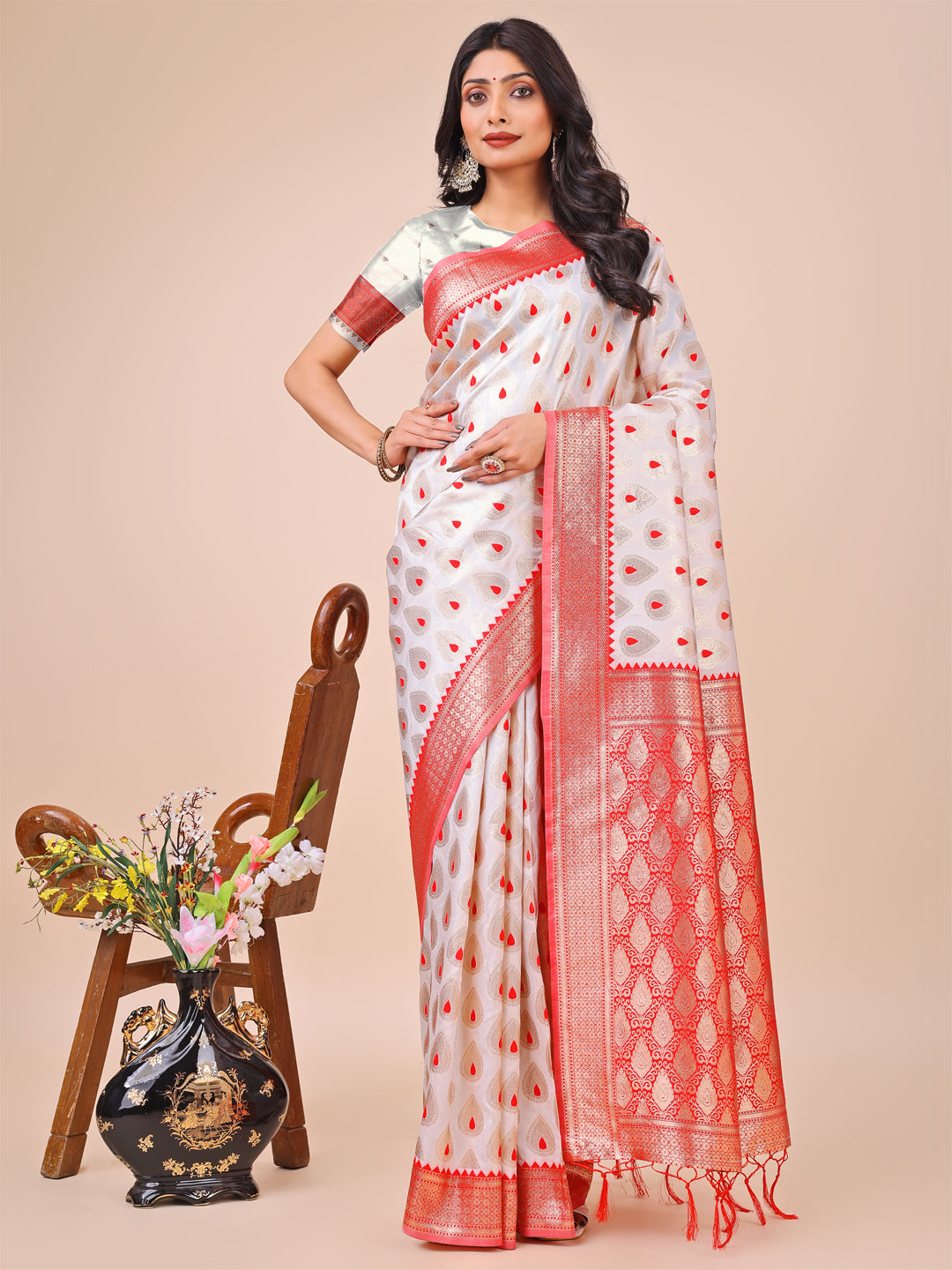 Astita Elegant Maroon Banarasi Cotton Saree with Zari Leaf Motifs and Rich Pallu - Traditional Indian Saree for Festive & Wedding Wear | Swadesiicart