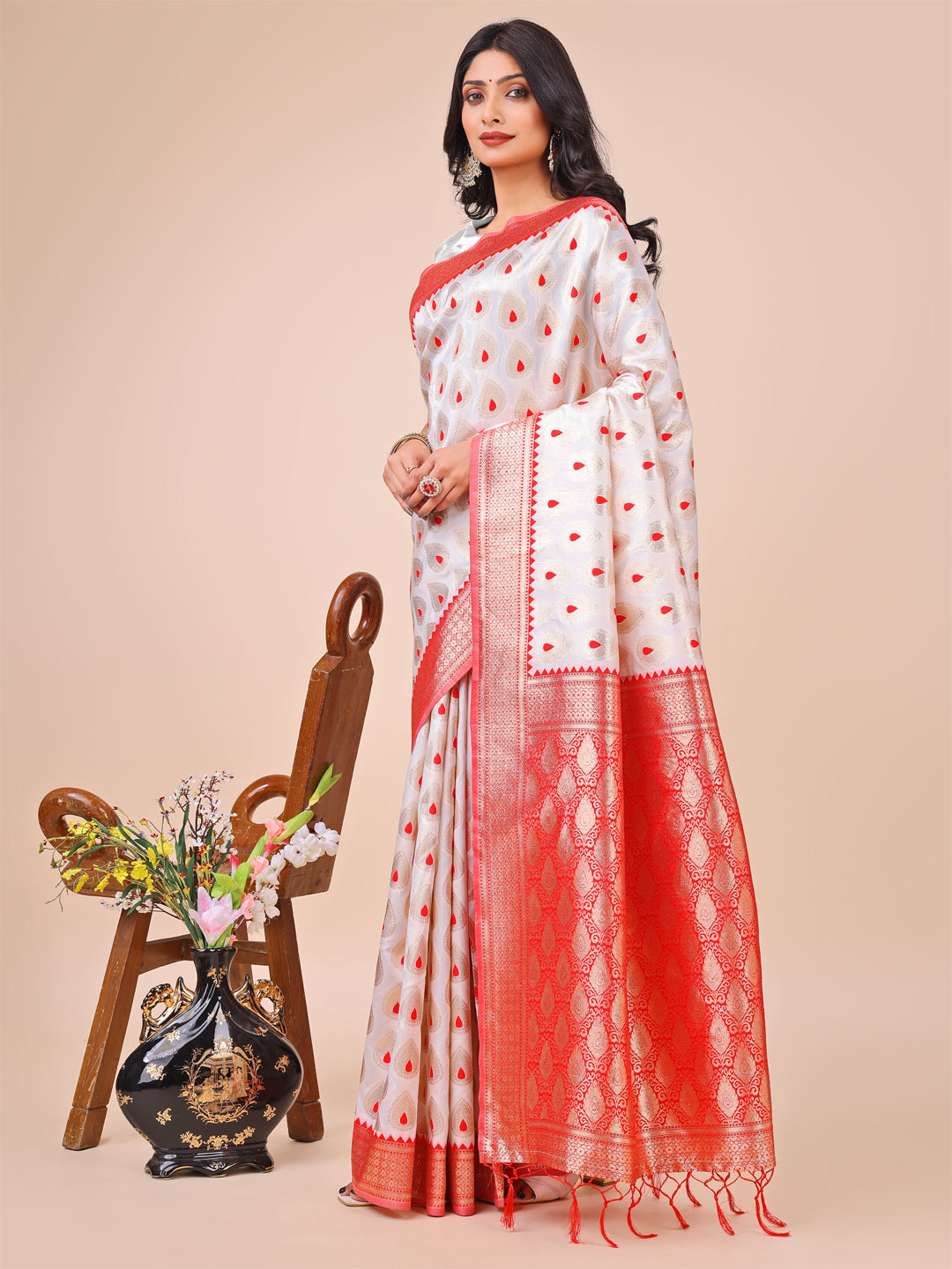 Astita White & Red Banarasi Silk Saree with Teardrop Weaving & Rich Zari Pallu - Traditional Elegance for Festive Looks | Swadesiicart