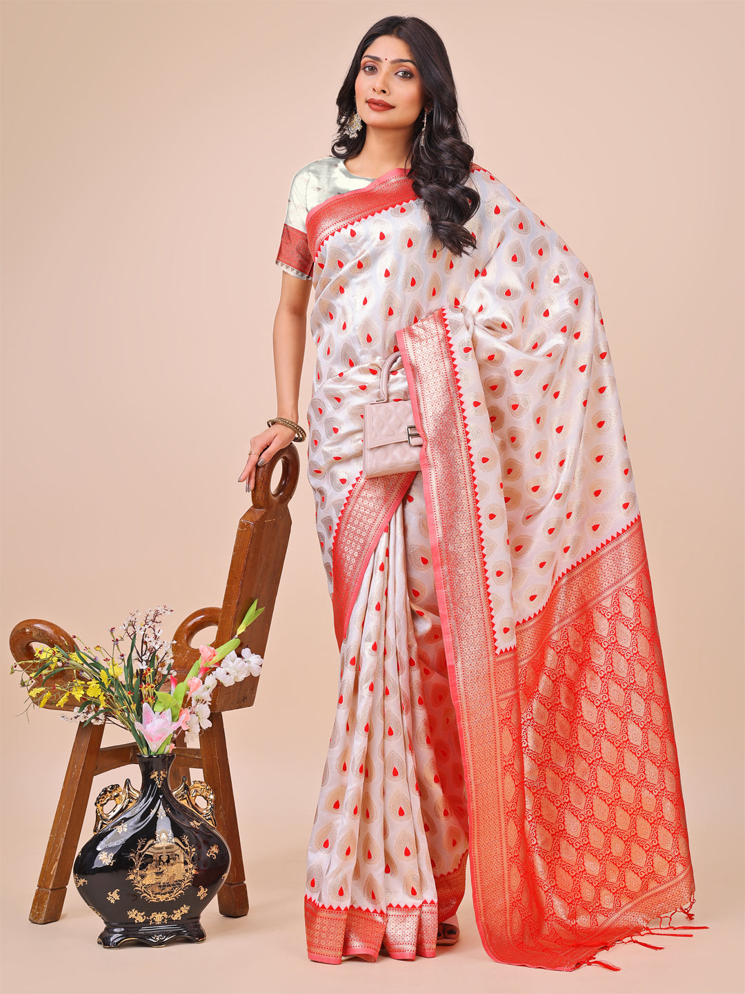 Astita White & Red Banarasi Silk Saree with Teardrop Weaving & Rich Zari Pallu - Traditional Elegance for Festive Looks | Swadesiicart