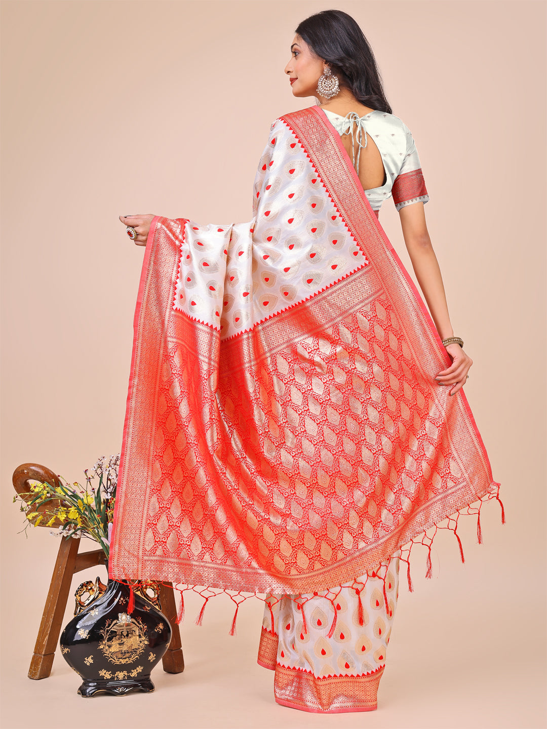 Astita White & Red Banarasi Silk Saree with Teardrop Weaving & Rich Zari Pallu - Traditional Elegance for Festive Looks | Swadesiicart