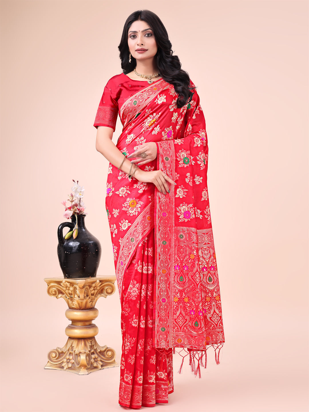 Astita Red Banarasi Silk Saree with Floral Zari Weaving - Festive Traditional Elegance for Weddings & Celebrations | Swadesiicart