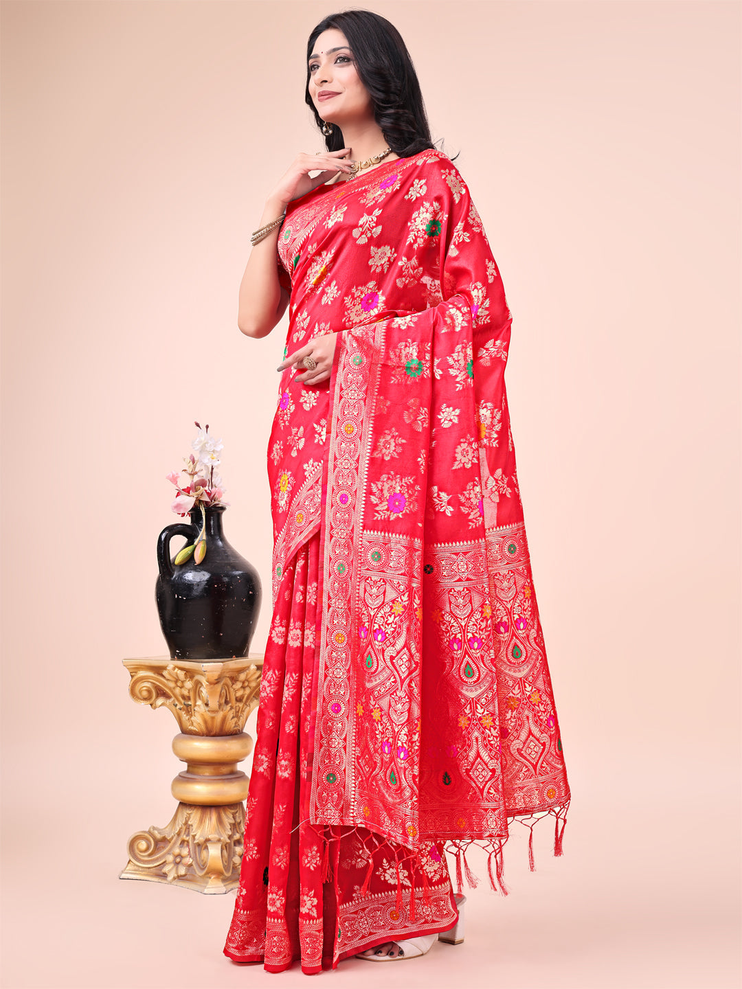 Astita Red Banarasi Silk Saree with Floral Zari Weaving - Festive Traditional Elegance for Weddings & Celebrations | Swadesiicart
