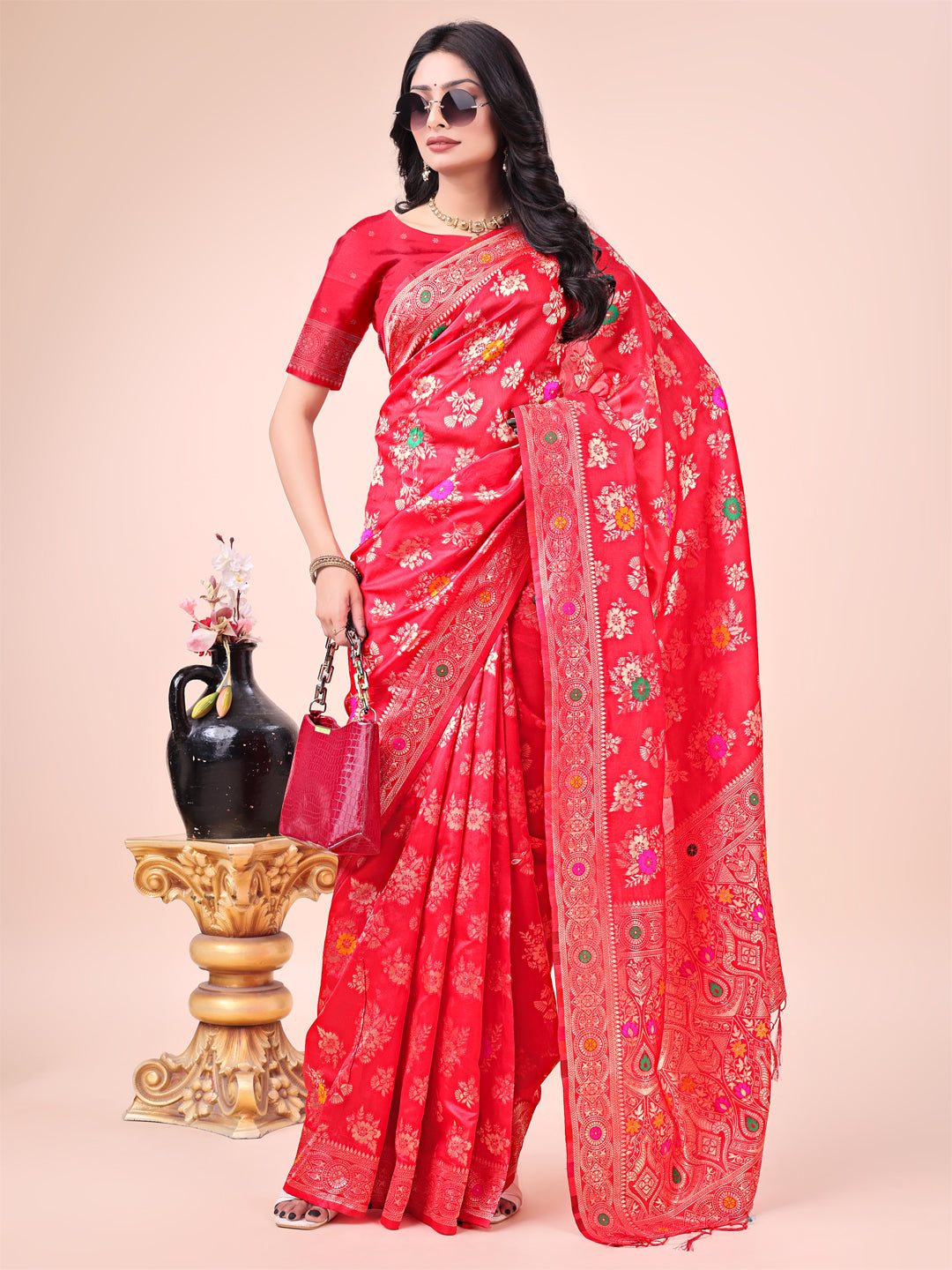 Astita Red Banarasi Silk Saree with Floral Zari Weaving - Festive Traditional Elegance for Weddings & Celebrations | Swadesiicart