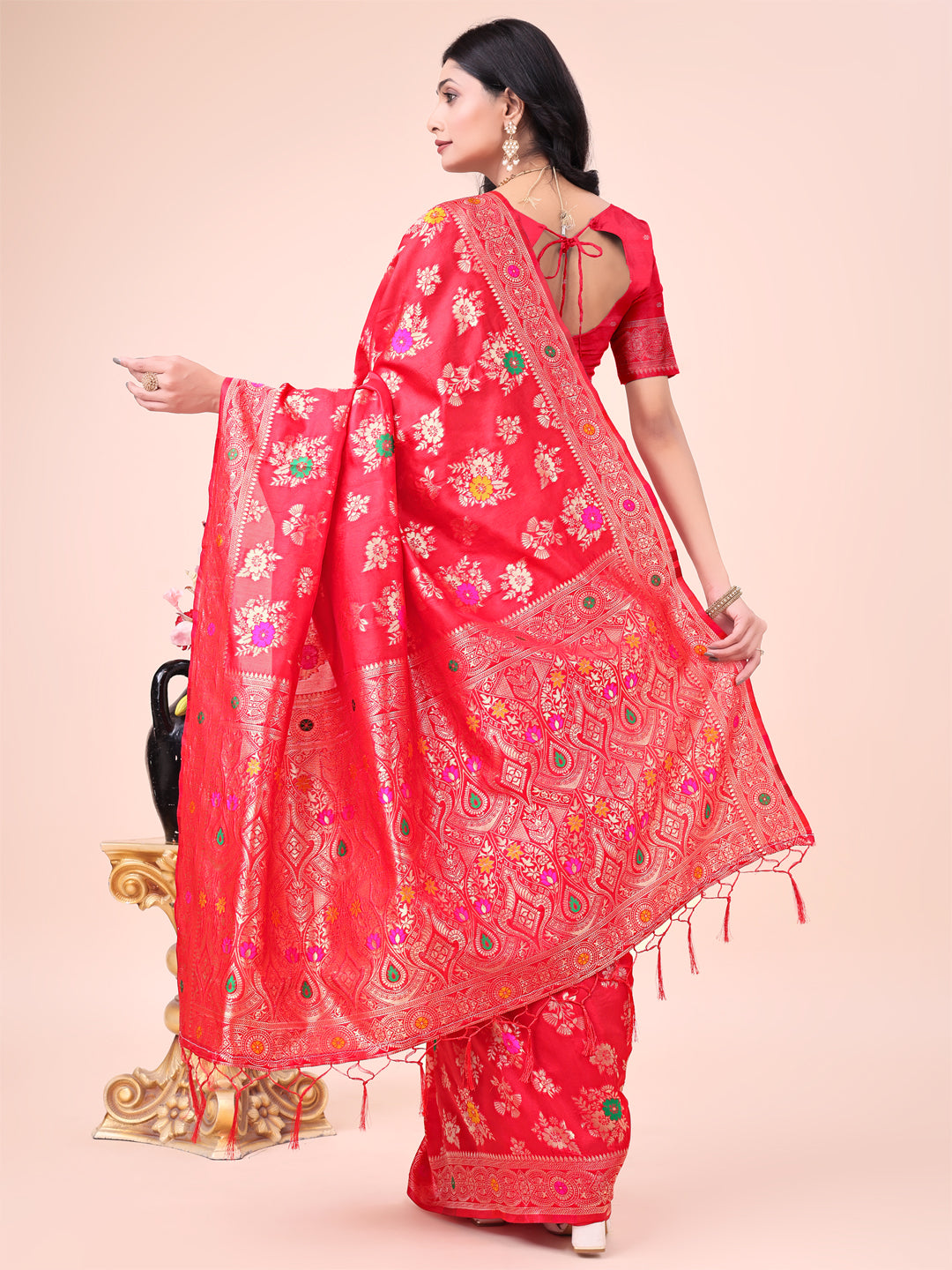 Astita Red Banarasi Silk Saree with Floral Zari Weaving - Festive Traditional Elegance for Weddings & Celebrations | Swadesiicart