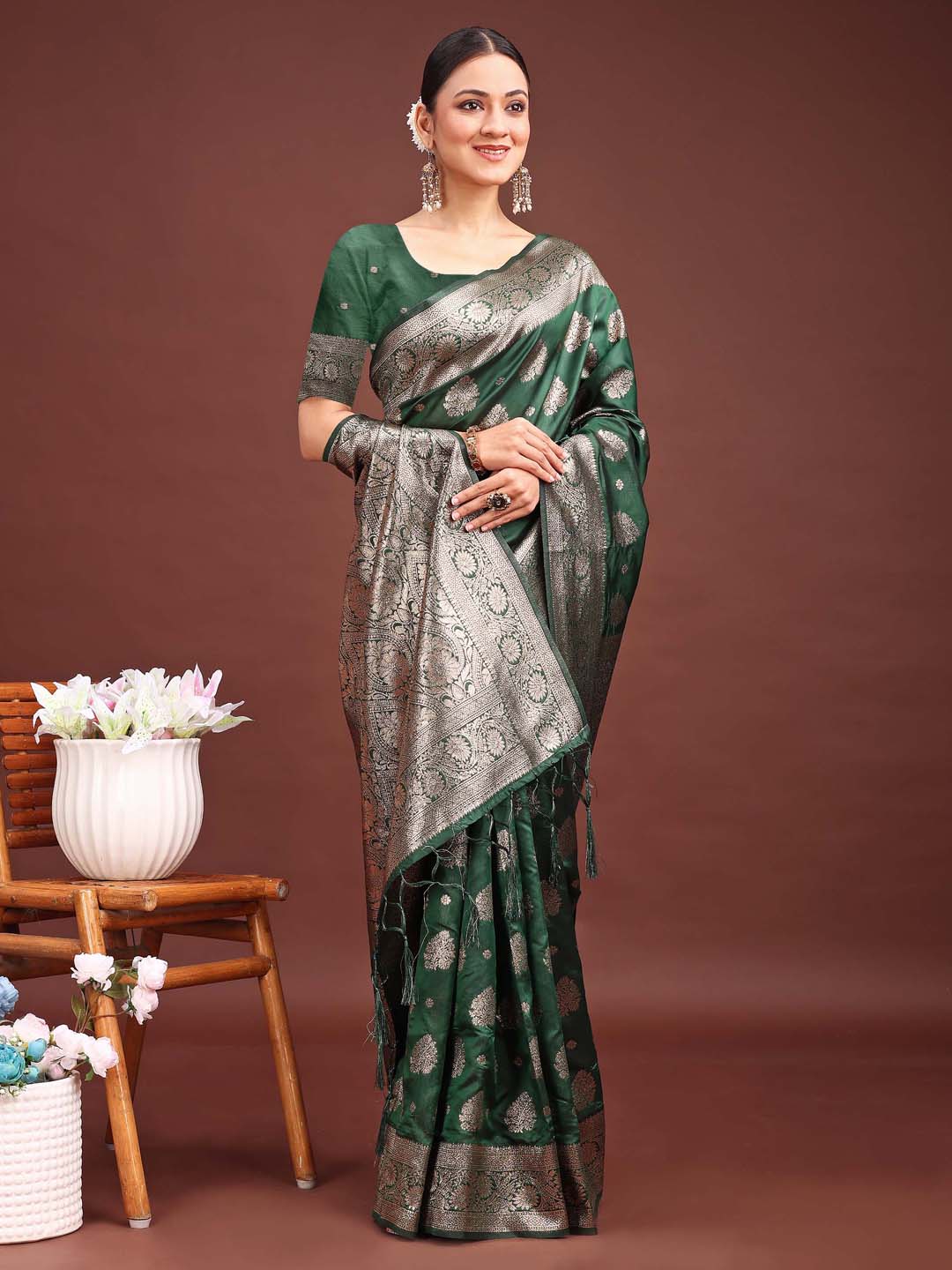 Astita Dark Green Banarasi Silk Saree with Zari Weaving - A Timeless Tale of Elegance | Swadesiicart