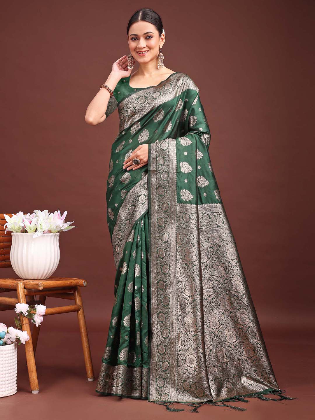 Astita Dark Green Banarasi Silk Saree with Zari Weaving - A Timeless Tale of Elegance | Swadesiicart