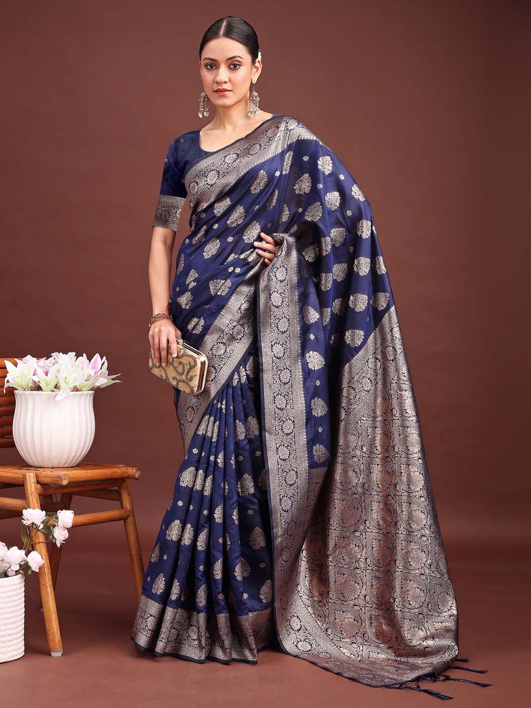 Astita Navy Blue Banarasi Silk Saree with Zari Weaving - A Timeless Tale of Elegance | Swadesiicart