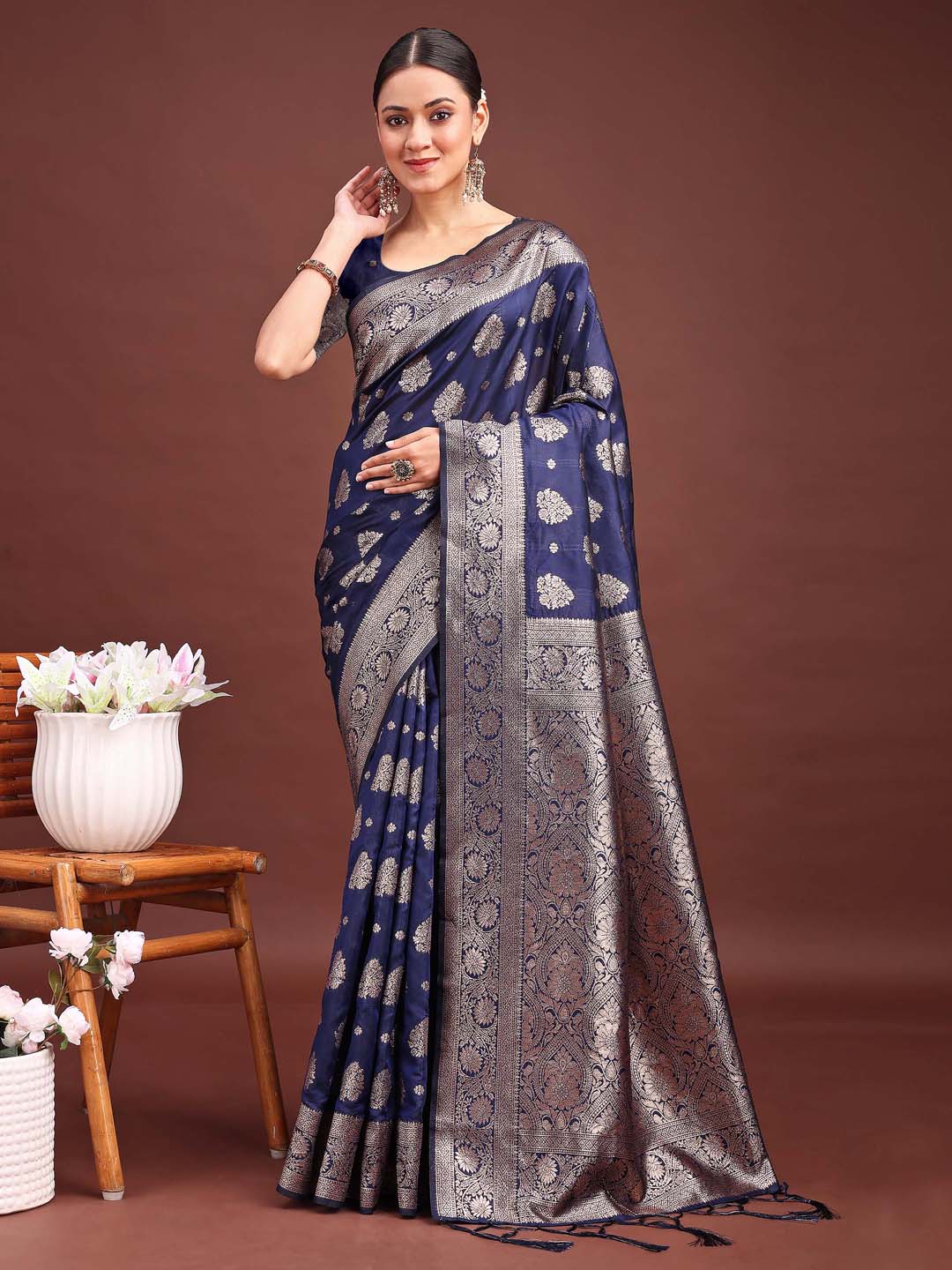 Astita Navy Blue Banarasi Silk Saree with Zari Weaving - A Timeless Tale of Elegance | Swadesiicart