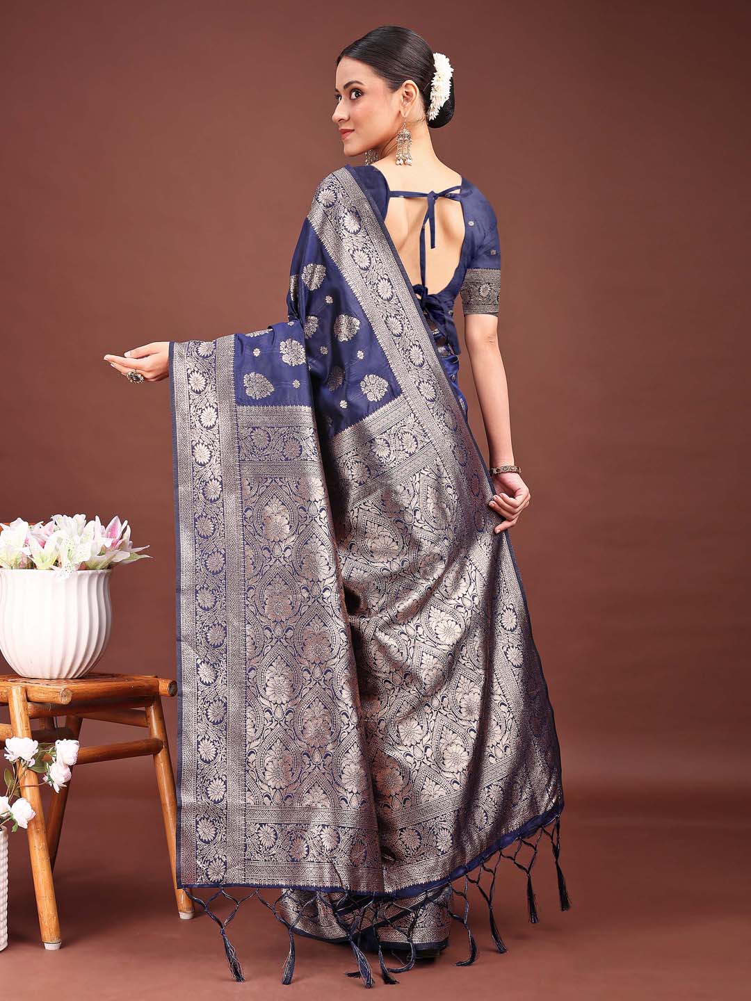 Astita Navy Blue Banarasi Silk Saree with Zari Weaving - A Timeless Tale of Elegance | Swadesiicart