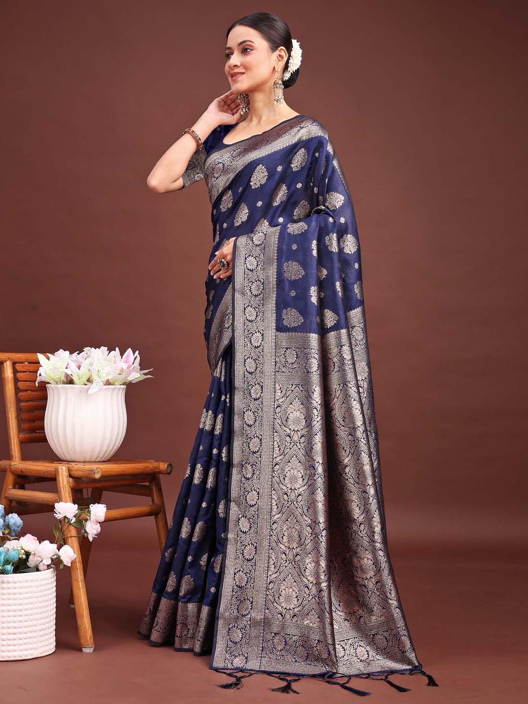 Astita Navy Blue Banarasi Silk Saree with Zari Weaving - A Timeless Tale of Elegance | Swadesiicart