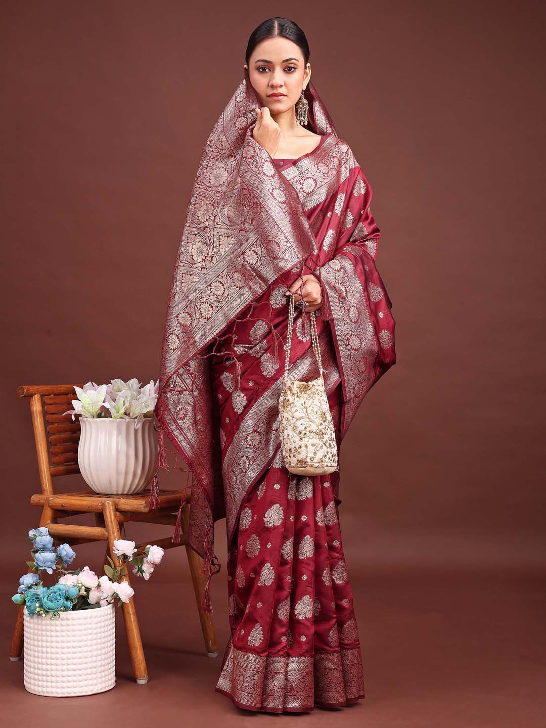 Astita Maroon Banarasi Silk Saree with Zari Weaving - A Timeless Tale of Elegance | Swadesiicart