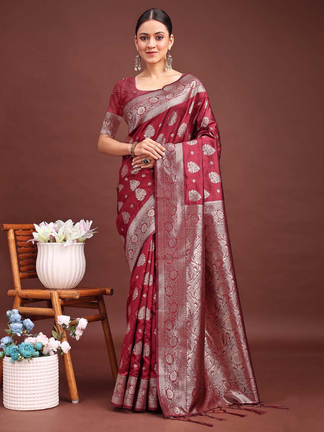 Astita Maroon Banarasi Silk Saree with Zari Weaving - A Timeless Tale of Elegance | Swadesiicart