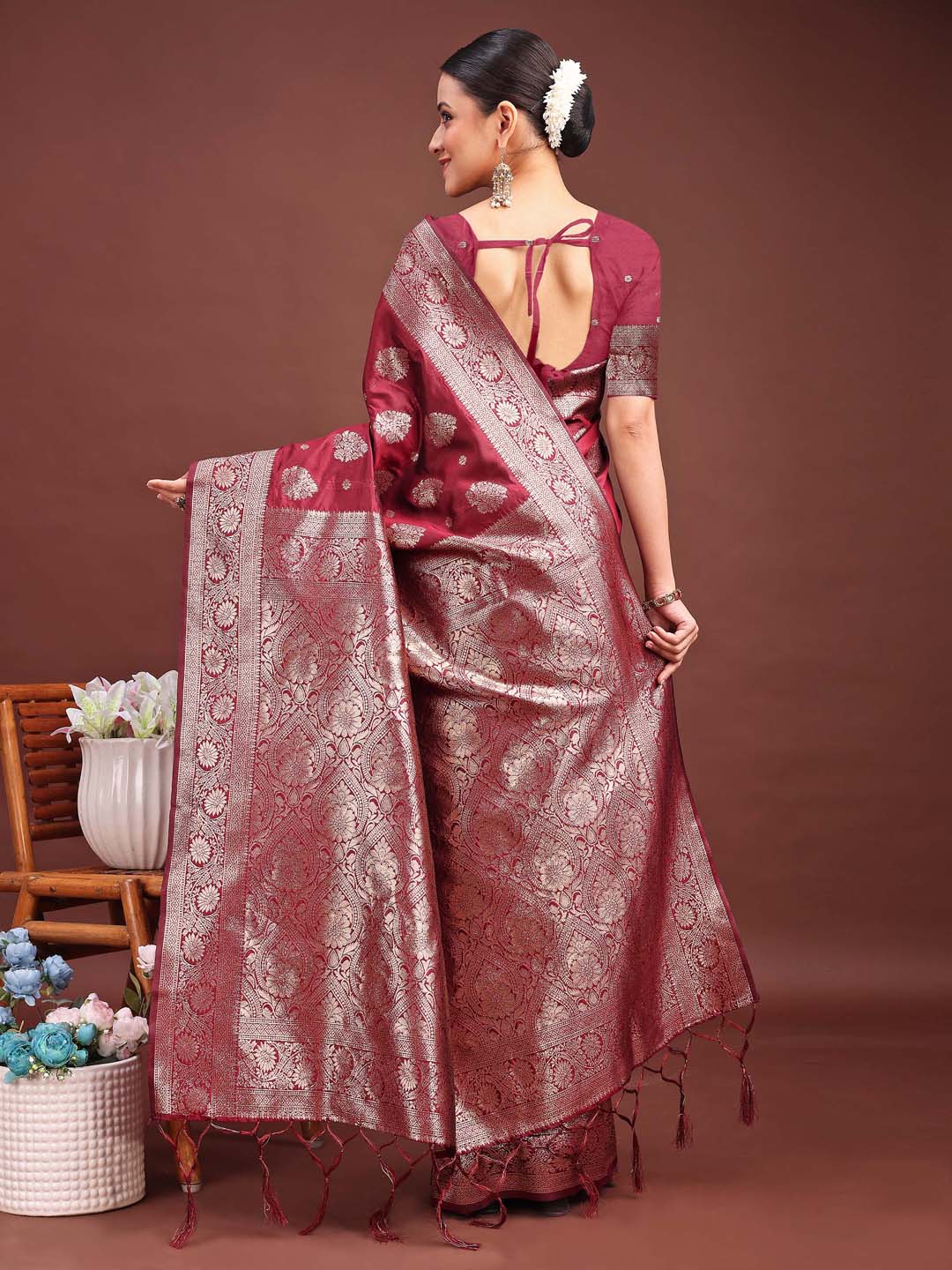 Astita Maroon Banarasi Silk Saree with Zari Weaving - A Timeless Tale of Elegance | Swadesiicart