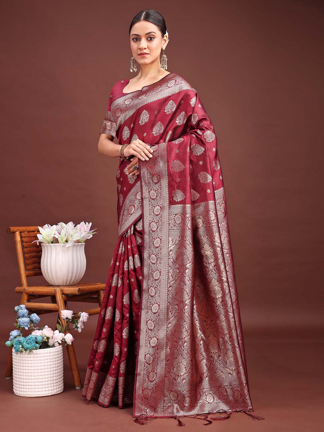 Astita Maroon Banarasi Silk Saree with Zari Weaving - A Timeless Tale of Elegance | Swadesiicart