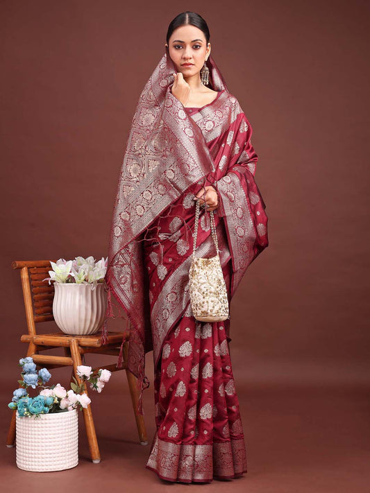 Astita Maroon Banarasi Silk Saree with Zari Weaving - A Timeless Tale of Elegance | Swadesiicart