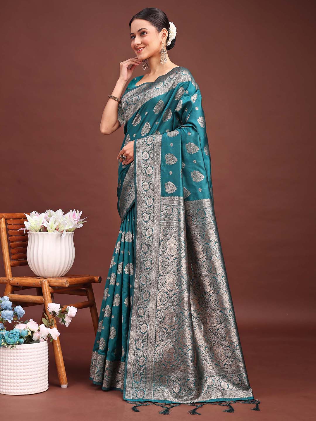 Astita Sea Green Banarasi Silk Saree with Zari Weaving - A Timeless Tale of Elegance | Swadesiicart