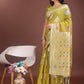 Shree Shyam Fashion Elegant Olive Green Linen Cotton Saree with Zari Border & Woven Motifs - Perfect for Sophisticated Everyday & Festive Looks