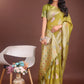 Shree Shyam Fashion Elegant Olive Green Linen Cotton Saree with Zari Border & Woven Motifs - Perfect for Sophisticated Everyday & Festive Looks