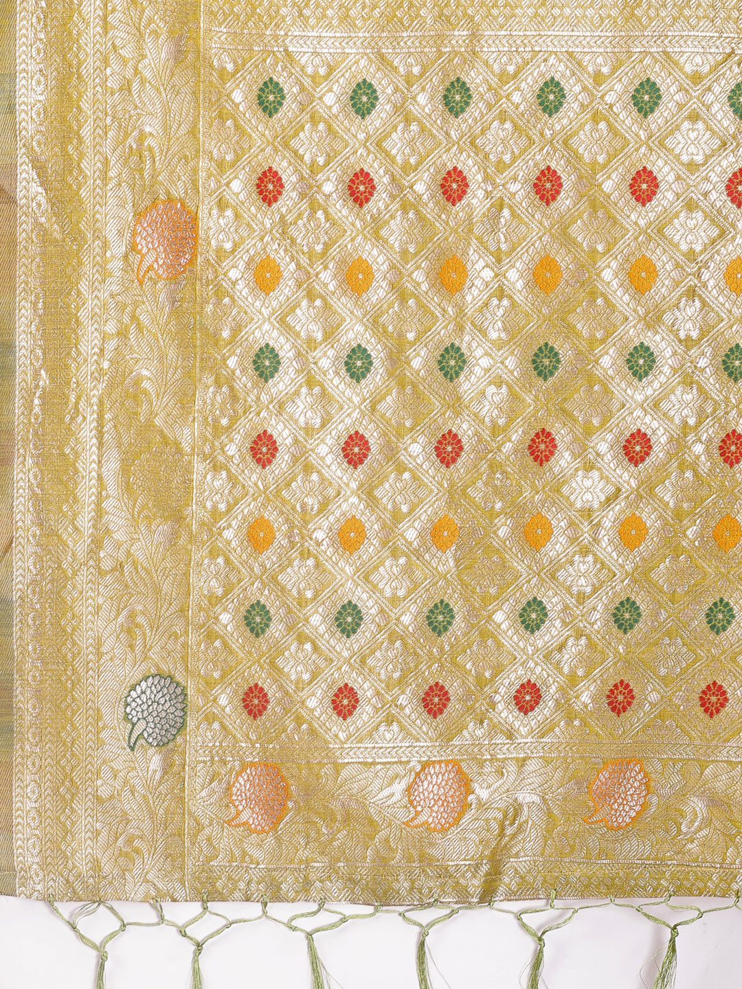 Shree Shyam Fashion Elegant Olive Green Linen Cotton Saree with Zari Border & Woven Motifs - Perfect for Sophisticated Everyday & Festive Looks