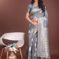 Shree Shyam Fashion Elegant Grey Linen Cotton Saree with Zari Border & Woven Motifs - Perfect for Sophisticated Everyday & Festive Looks