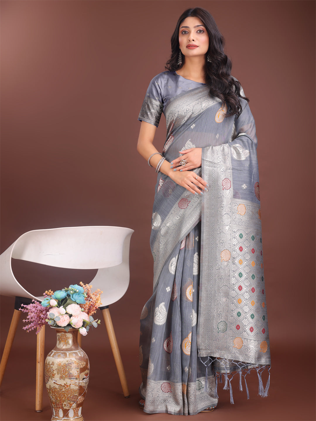 Shree Shyam Fashion Elegant Grey Linen Cotton Saree with Zari Border & Woven Motifs - Perfect for Sophisticated Everyday & Festive Looks