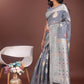 Shree Shyam Fashion Elegant Grey Linen Cotton Saree with Zari Border & Woven Motifs - Perfect for Sophisticated Everyday & Festive Looks