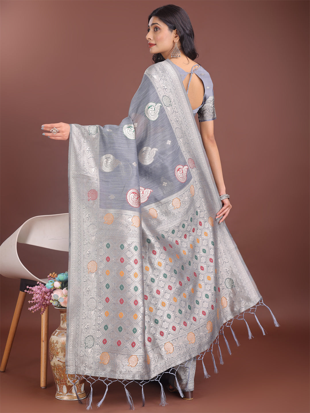Shree Shyam Fashion Elegant Grey Linen Cotton Saree with Zari Border & Woven Motifs - Perfect for Sophisticated Everyday & Festive Looks
