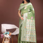 Shree Shyam Fashion Elegant Light Green Linen Cotton Saree with Zari Border & Woven Motifs - Perfect for Sophisticated Everyday & Festive Looks