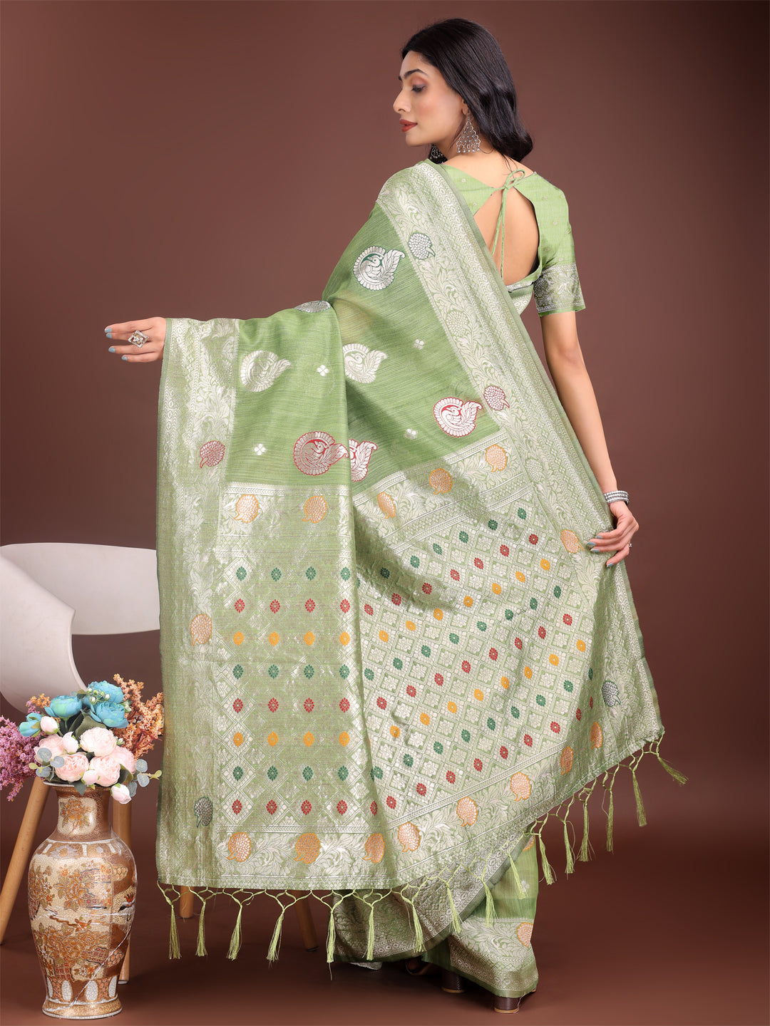 Shree Shyam Fashion Elegant Light Green Linen Cotton Saree with Zari Border & Woven Motifs - Perfect for Sophisticated Everyday & Festive Looks